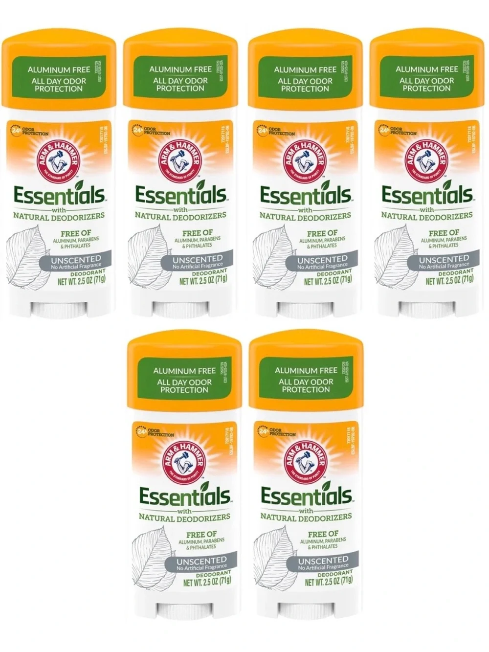 6 Pack Arm & Hammer Essentials Unscented Aluminum Free Deodorant 2.5 oz Exp 6/27